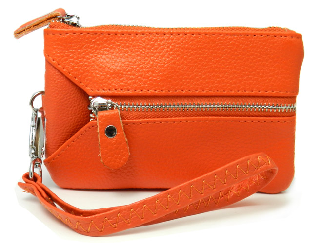 Orange Genuine Leather Ladies Purse Coins Key Clip Small Pocket