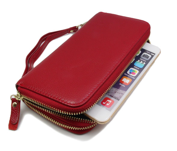 RFID Blocking Genuine Leather Double Zip Wristlet Womens Wallet