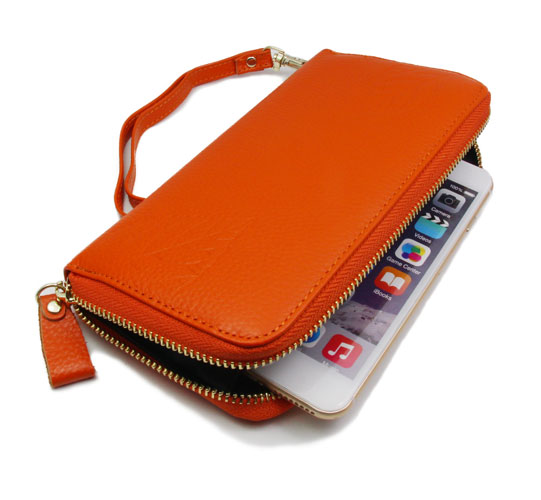 RFID Blocking Genuine Leather Wristlet Womens Wallet Orange