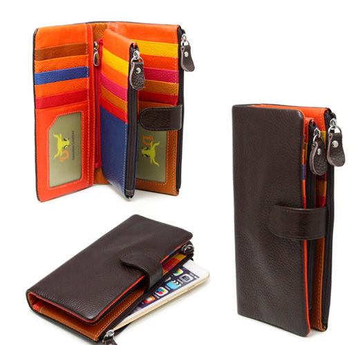 Double Zip 22 Card Inserts Soft Genuine Leather Womens Wallet