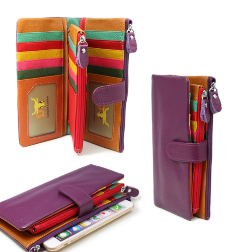 Double Zip 22 Card Inserts Soft Genuine Leather Womens Wallet