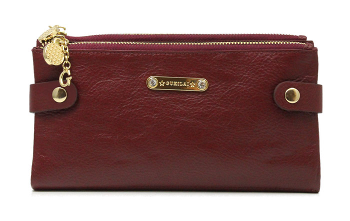 Red Soft Genuine Full Grain Leather Double Zip Ladies Wallet