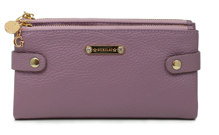 Purple Soft Genuine Full Grain Leather Double Zip Ladies Wallet