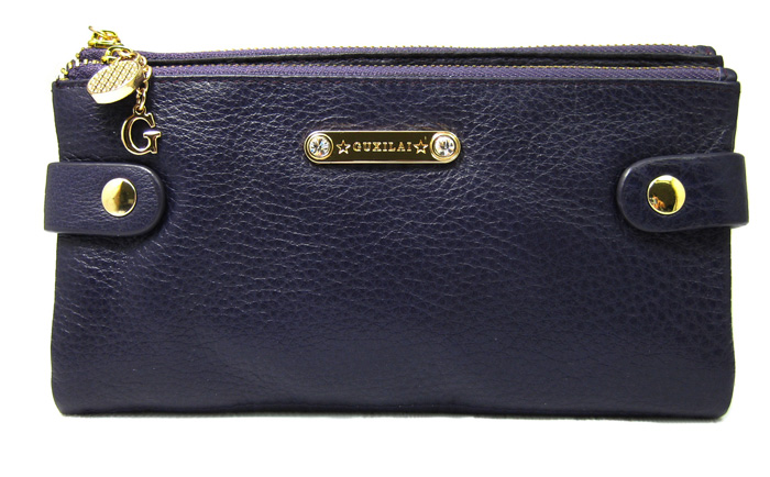 Purple Soft Genuine Full Grain Leather Double Zip Ladies Wallet
